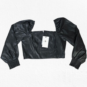 7 For All Mankind Black Faux Leather Puff Sleeve Smocked Corset Top Size Small